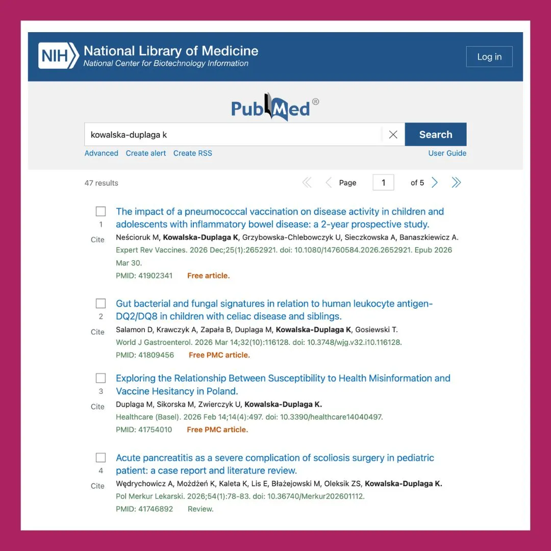 Profesor Kinga Kowalska-Duplaga - gastroenterolog w Krakowie - publikacje naukowe pubmed