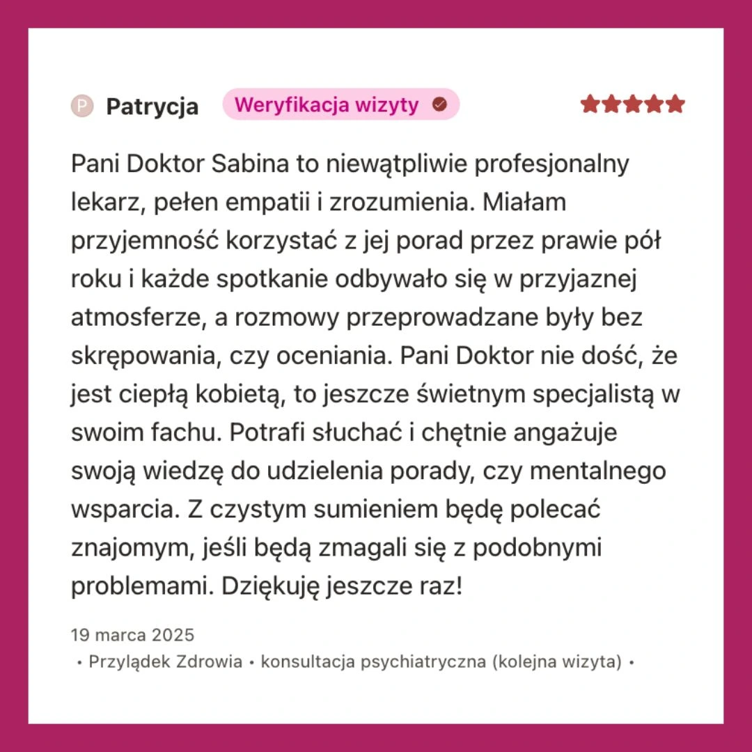 Lek. Sabina Gwóźdź - psychiatra w Krakowie - opinie pacjentów na temat leczenia w przychodni Przylądek Zdrowie
